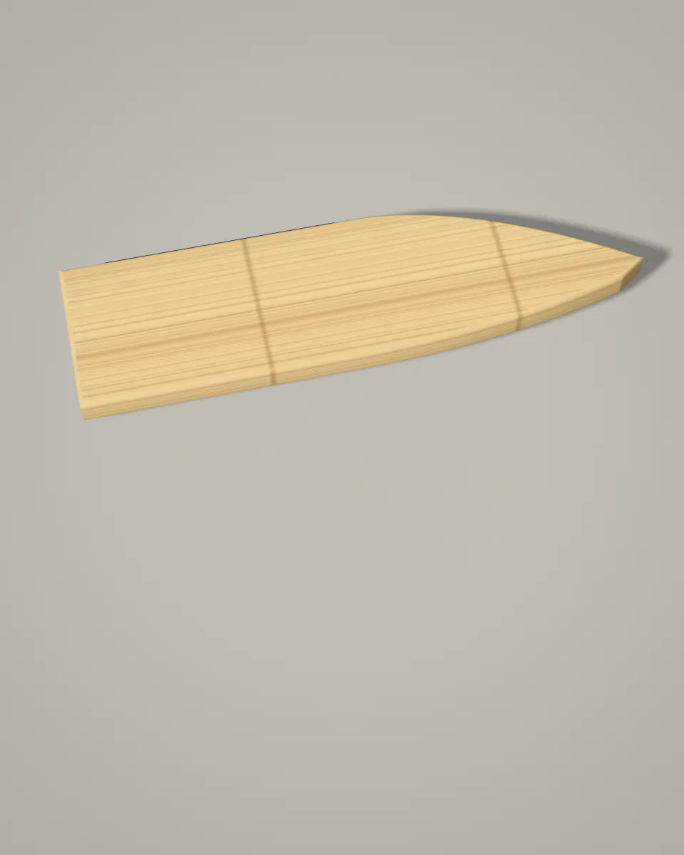A pale bamboo knife sheath shaped like the blade, lying on a grey studio floor.
